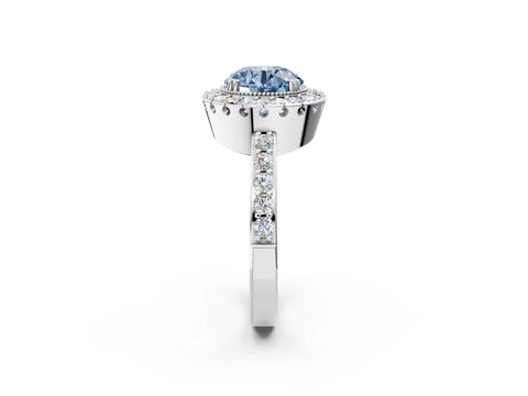 White gold Fancy Blue Round Cut Diamond Halo Ring with Pavé Band and Prong Setting_2