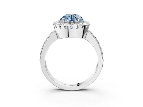 White gold Fancy Blue Round Cut Diamond Halo Ring with Pavé Band and Prong Setting_3