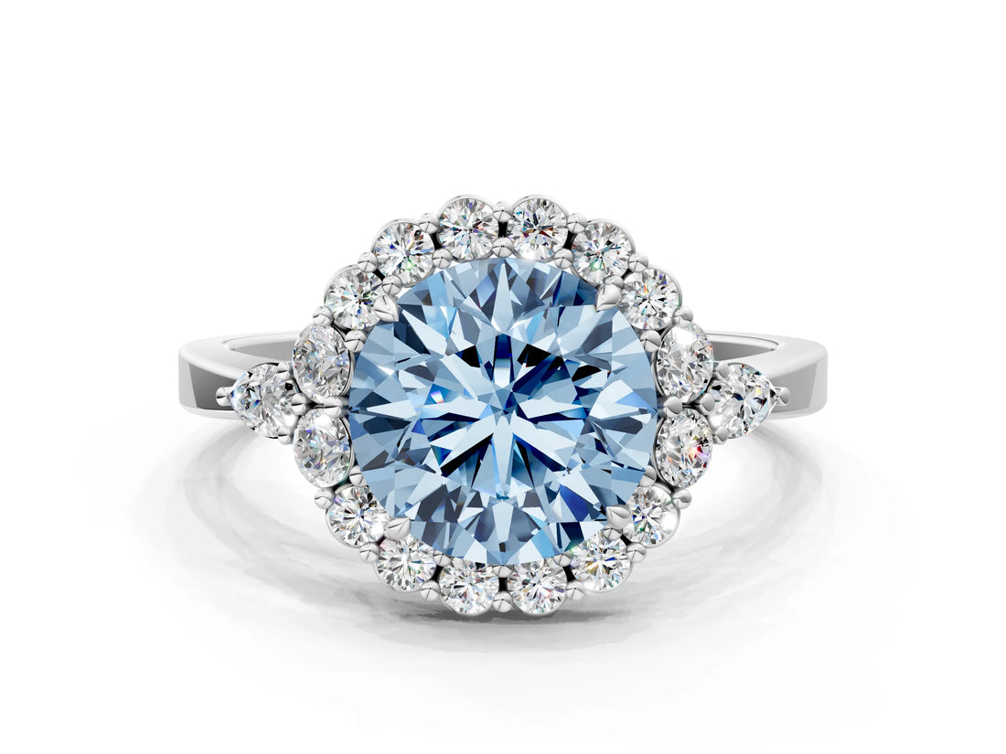 White gold Fancy Blue Round Cut Diamond Halo Ring with Pear Side Stones and Prong Setting_92