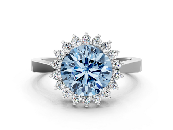 Platinum Fancy Blue Round  Cut Diamond Halo Ring with Round Brilliant Halo and Solitaire Band