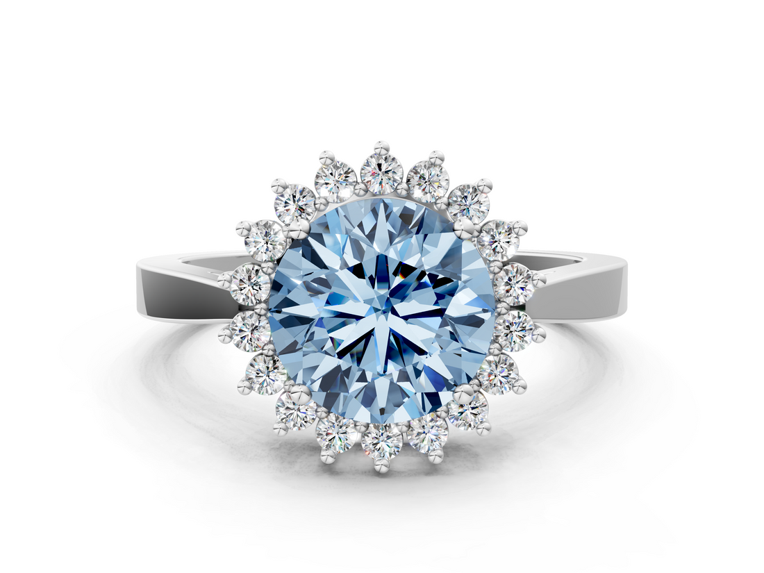 White gold Fancy Blue Round  Cut Diamond Halo Ring with Round Brilliant Halo and Solitaire Band_87