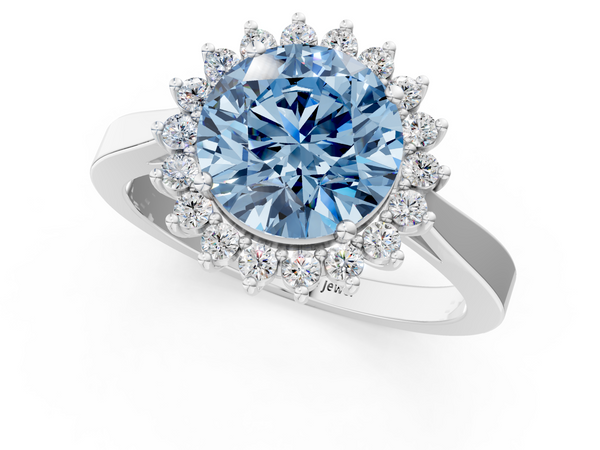 Platinum Fancy Blue Round  Cut Diamond Halo Ring with Round Brilliant Halo and Solitaire Band