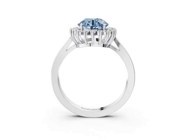 Platinum Fancy Blue Round  Cut Diamond Halo Ring with Round Brilliant Halo and Solitaire Band