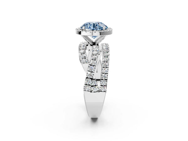White Gold Round Halo Engagement Ring Setting for Fancy Blue Center with Twisted Pave Split Shank