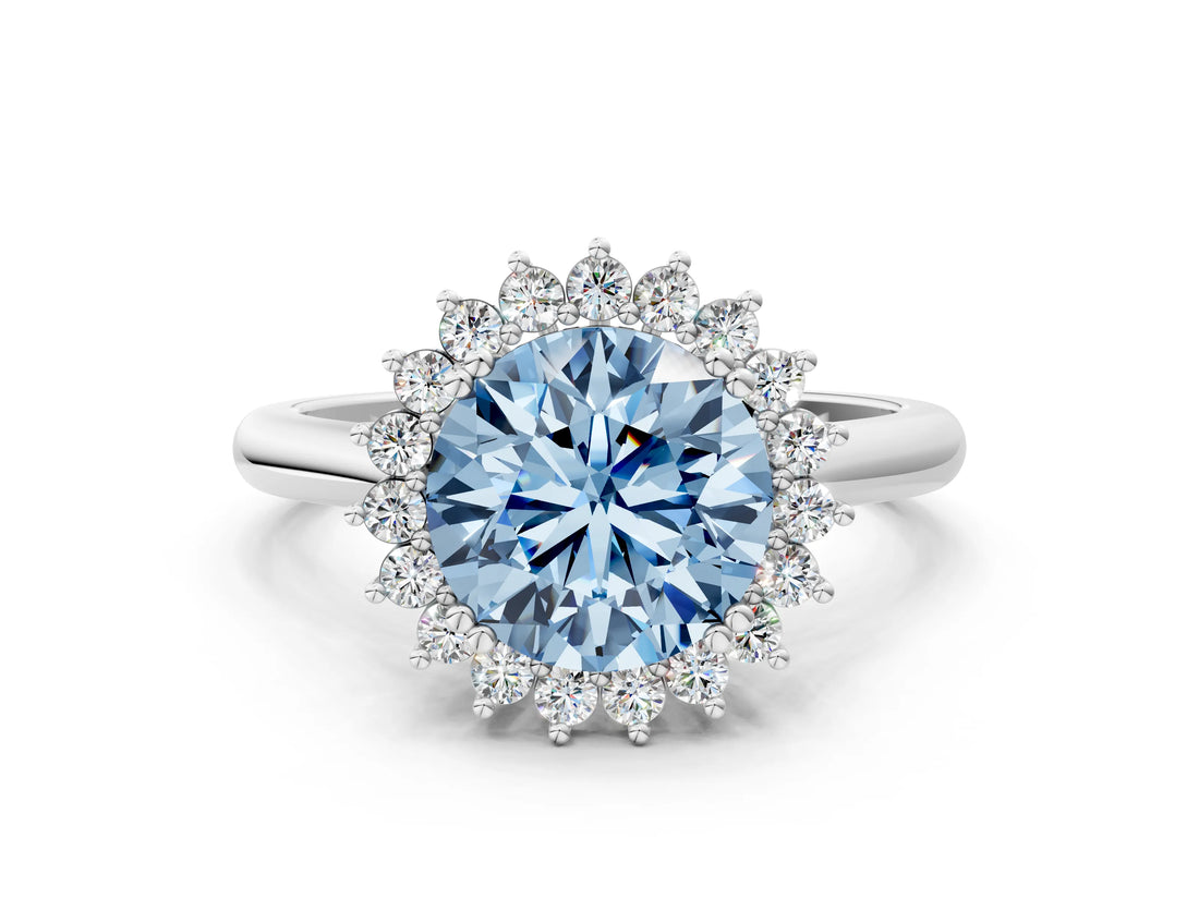 White gold Fancy Blue Round  Cut Diamond Halo Ring with Solitaire Band and Prong Setting_53