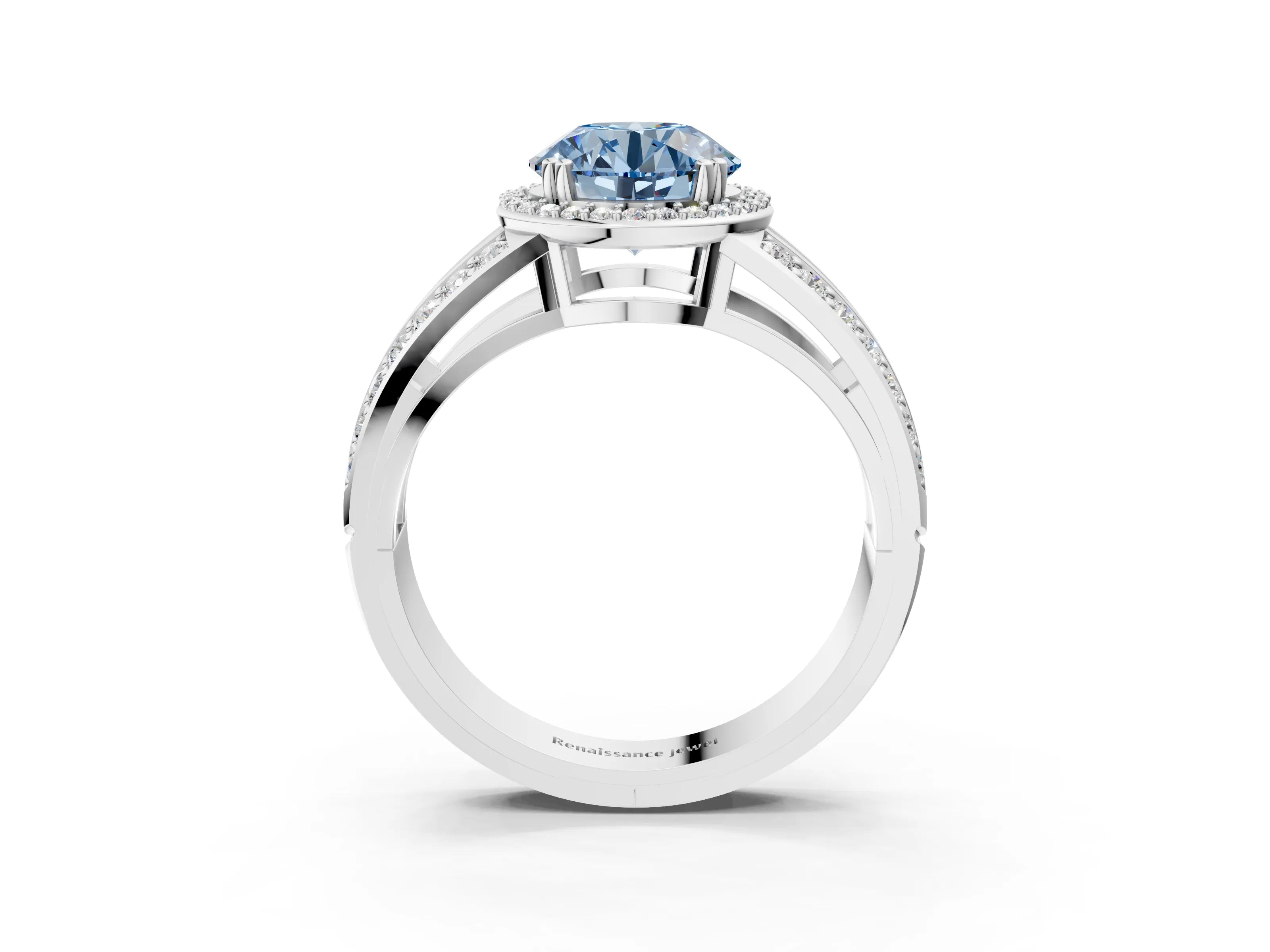 White gold Fancy Blue Round Cut Diamond Halo Ring with Split Shank Pavé Band and Four-Prong Setting_15