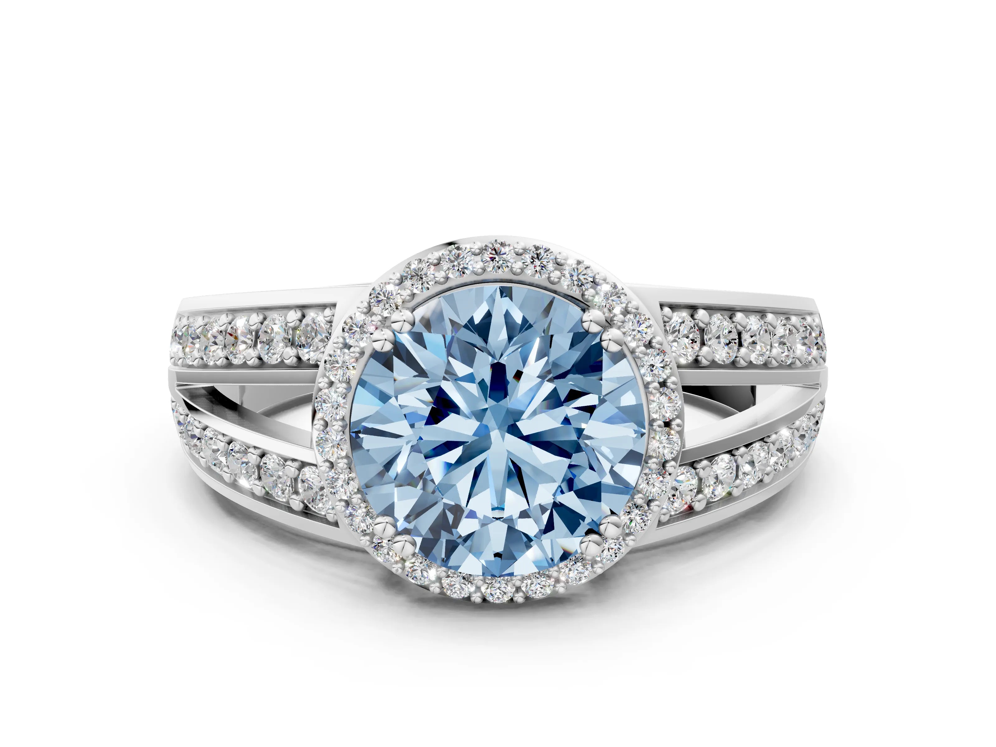 White gold Fancy Blue Round Cut Diamond Halo Ring with Split Shank Pavé Band and Four-Prong Setting_22
