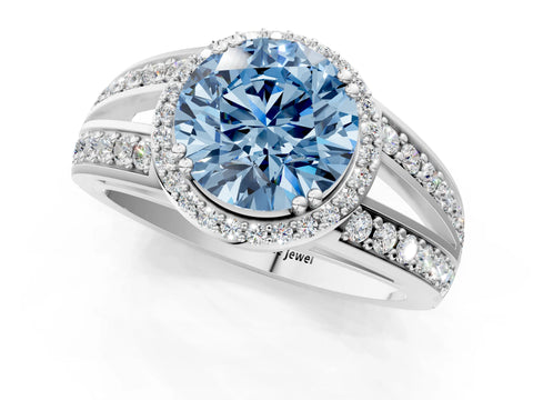 White gold Fancy Blue Round Cut Diamond Halo Ring with Split Shank Pavé Band and Four-Prong Setting_23