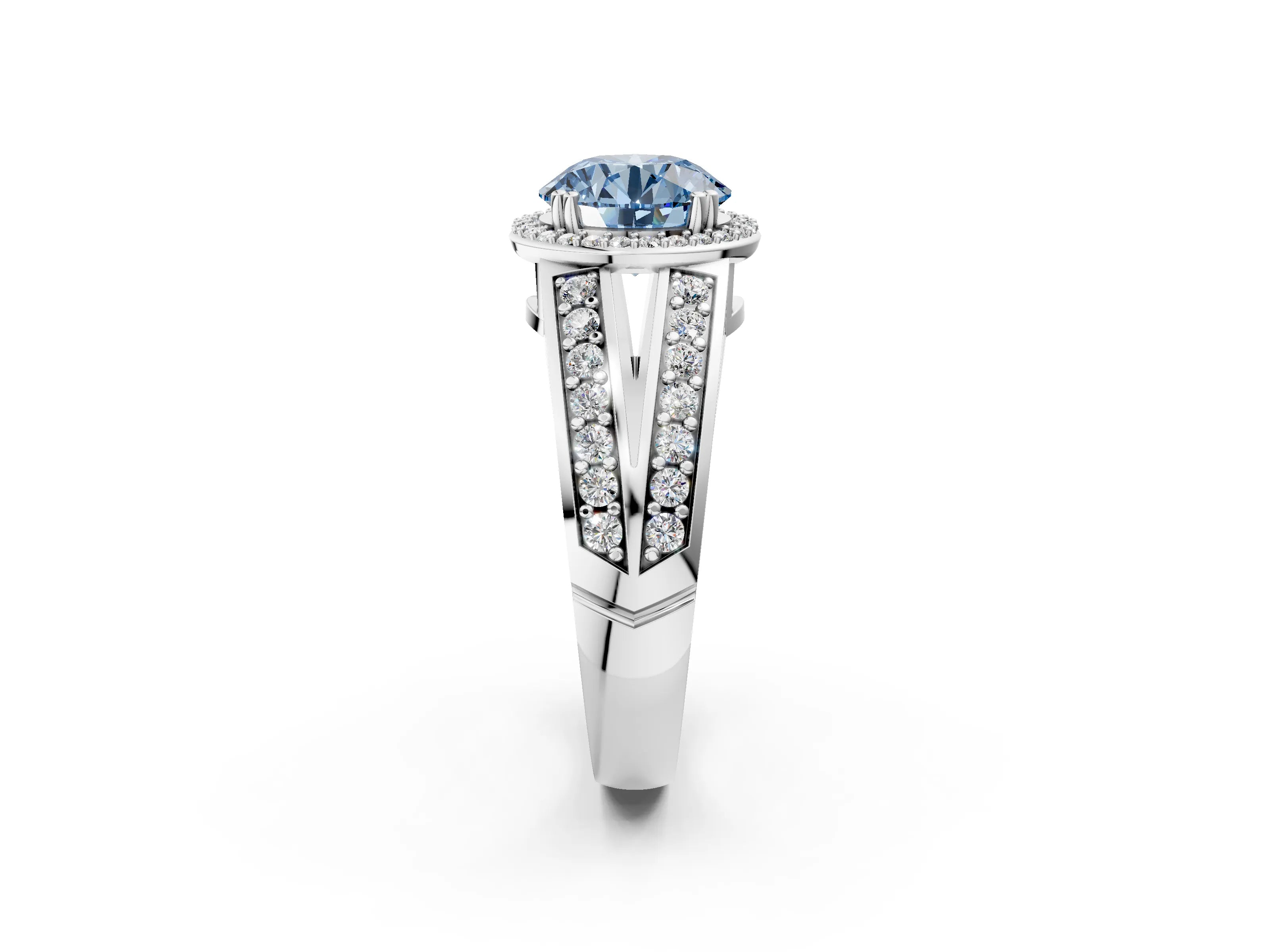 White gold Fancy Blue Round Cut Diamond Halo Ring with Split Shank Pavé Band and Four-Prong Setting_24