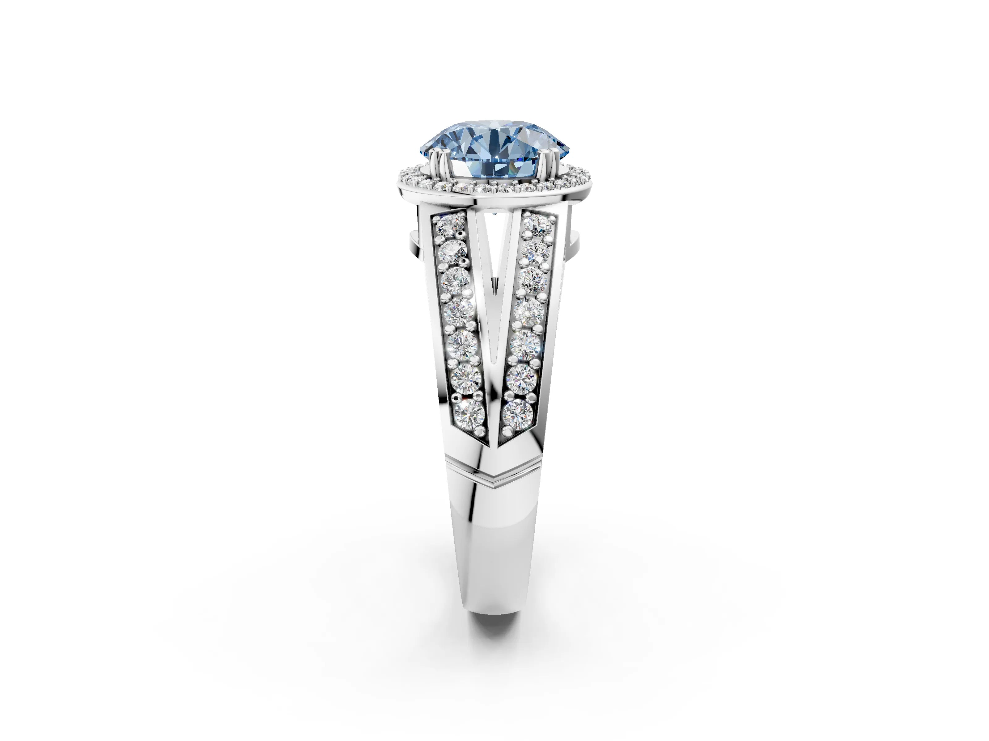 White gold Fancy Blue Round Cut Diamond Halo Ring with Split Shank Pavé Band and Four-Prong Setting_36