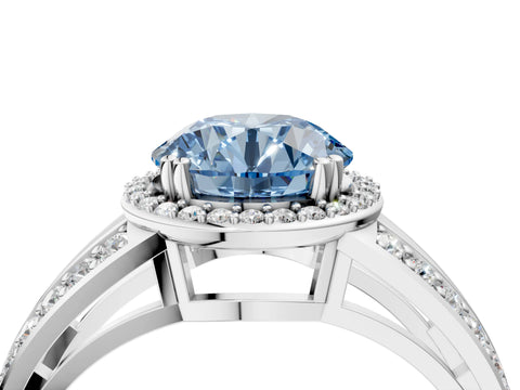 White gold Fancy Blue Round Cut Diamond Halo Ring with Split Shank Pavé Band and Four-Prong Setting_40