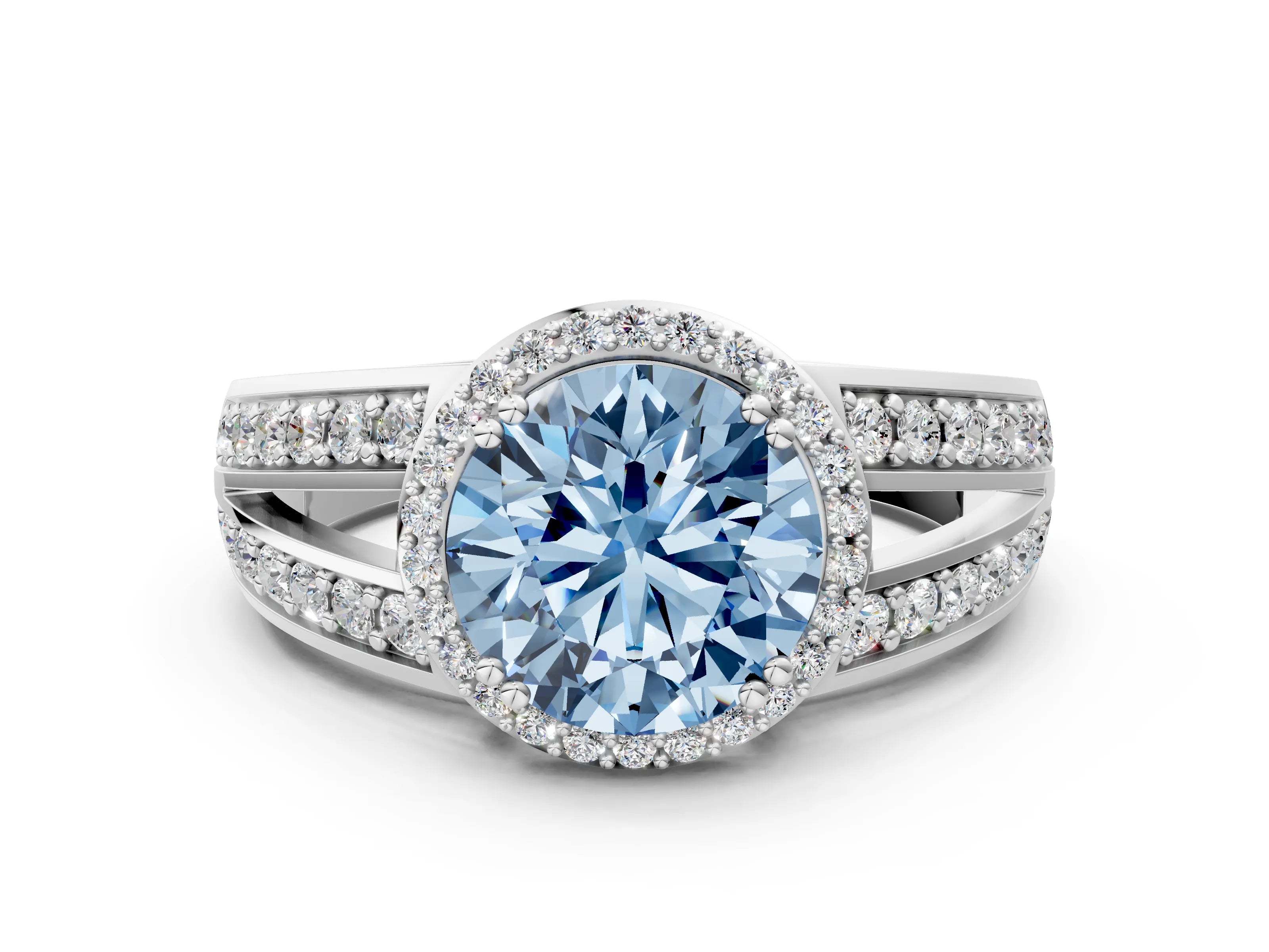 White gold Fancy Blue Round Cut Diamond Halo Ring with Split Shank Pavé Band and Four-Prong Setting_45