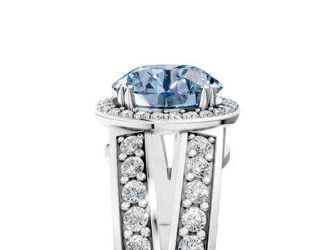 White gold Fancy Blue Round Cut Diamond Halo Ring with Split Shank Pavé Band and Four-Prong Setting_45
