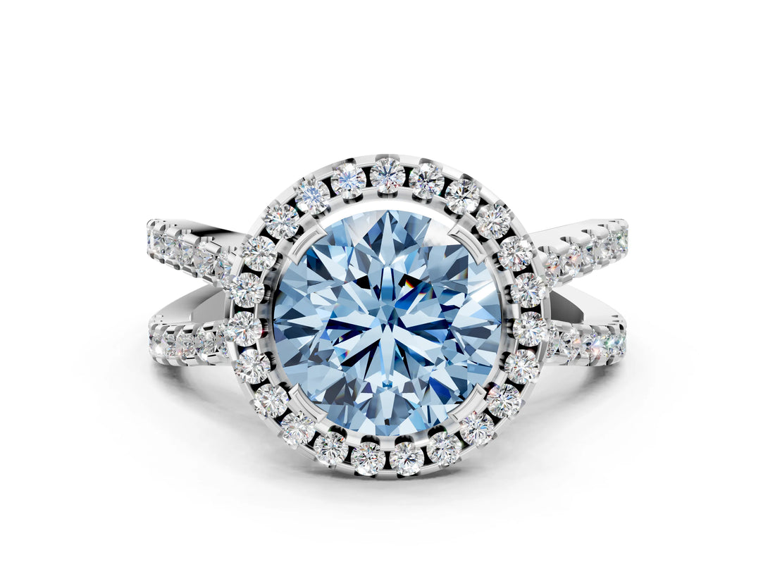 White gold Fancy Blue Round Cut Diamond Halo Ring with Split Shank Pavé Band and Prong Setting_79