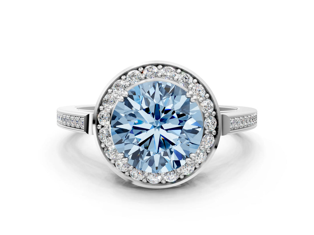 White gold Fancy Blue Round Cut Diamond Halo Ring with Split Shank and Four-Prong Setting_92