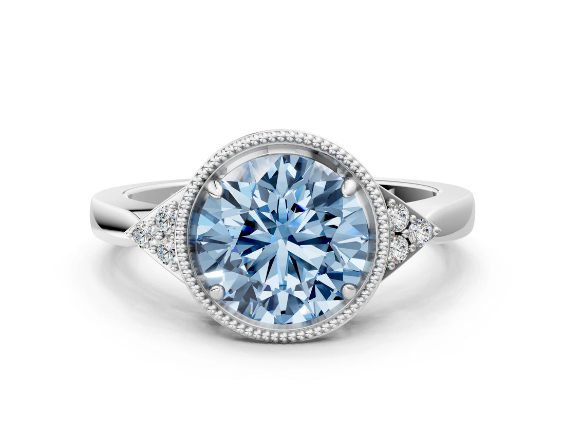 White gold Fancy Blue Round Cut Diamond Halo Ring with Tapered Band and Four-Prong Setting_19