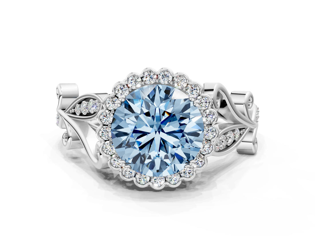 White gold Fancy Blue Round Cut Diamond Halo Ring with Vintage Split Shank and Four-Prong Setting_103