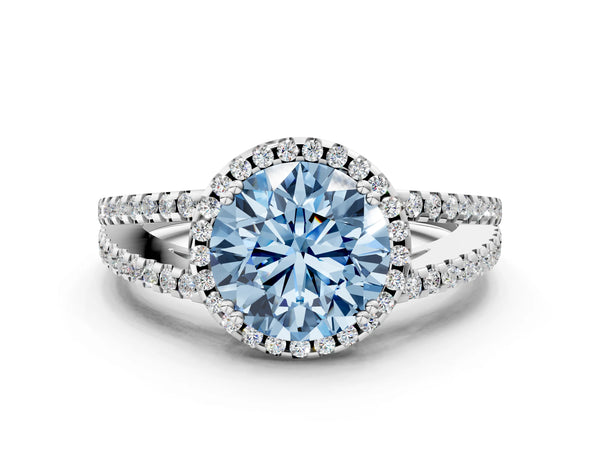 White gold Fancy Blue Round Cut Diamond Halo Split Shank Engagement Ring