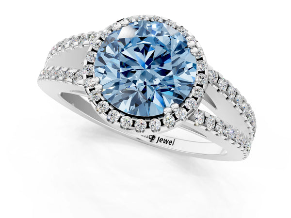 White gold Fancy Blue Round Cut Diamond Halo Split Shank Engagement Ring