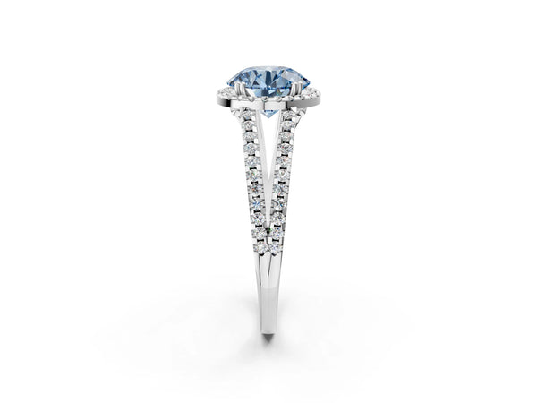 White gold Fancy Blue Round Cut Diamond Halo Split Shank Engagement Ring