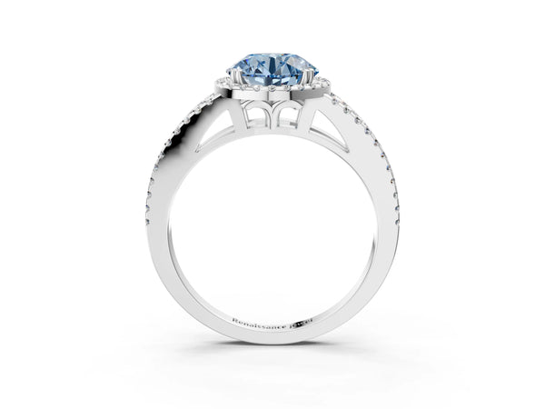 White gold Fancy Blue Round Cut Diamond Halo Split Shank Engagement Ring