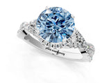 White gold Fancy Blue Round Cut Diamond  Halo Twist Band Solitaire Prong Setting Ring_13