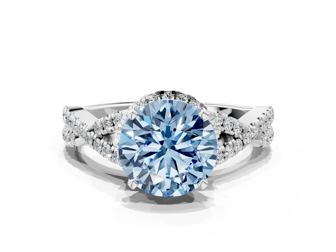 White gold Fancy Blue Round Cut Diamond  Halo Twist Band Solitaire Prong Setting Ring_61
