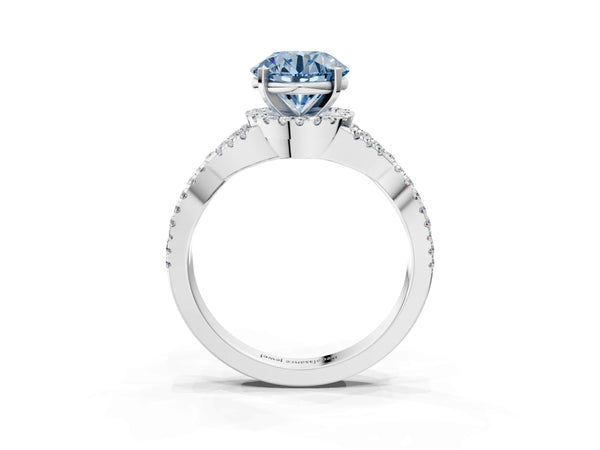 White gold Fancy Blue Round Cut Diamond  Halo Twist Band Solitaire Prong Setting Ring