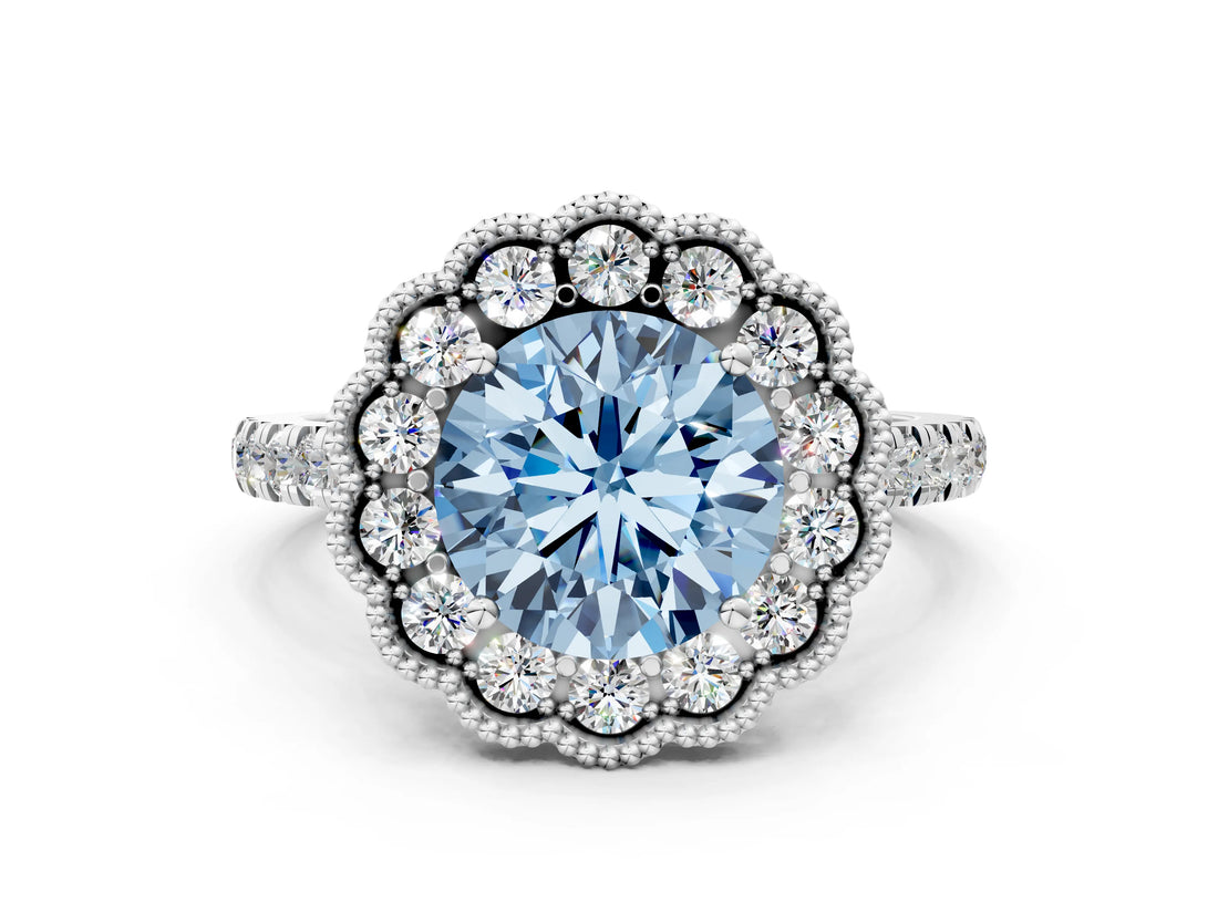 White gold Fancy Blue Round  Cut Diamond Milgrain Floral Halo Engagement Ring with Pavé Band_15