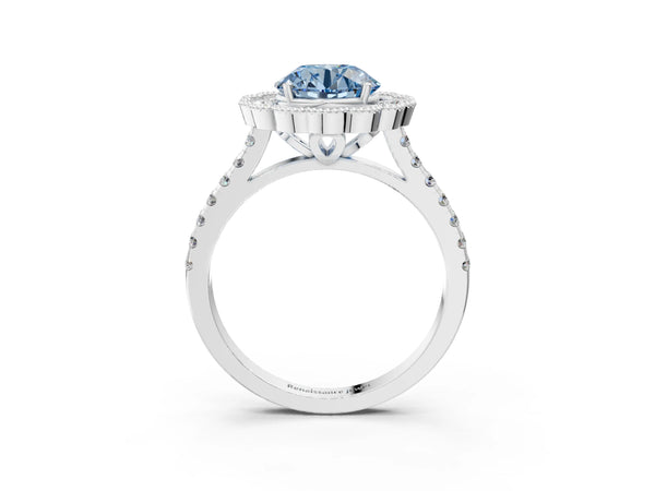 Platinum Fancy Blue Round  Cut Diamond Milgrain Floral Halo Engagement Ring with Pavé Band