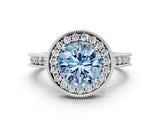 White gold Fancy Blue Round Cut Diamond Milgrain Halo Engagement Ring with Round Pavé Band and Prong Setting_12