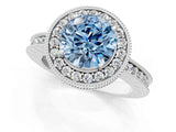 White gold Fancy Blue Round Cut Diamond Milgrain Halo Engagement Ring with Round Pavé Band and Prong Setting_13