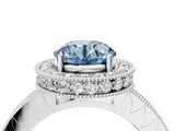 White gold Fancy Blue Round Cut Diamond Milgrain Halo Engagement Ring with Round Pavé Band and Prong Setting_16