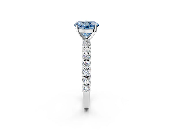 Platinum Fancy Blue Round Cut Diamond Pavé Band Solitaire Ring with Prong Setting