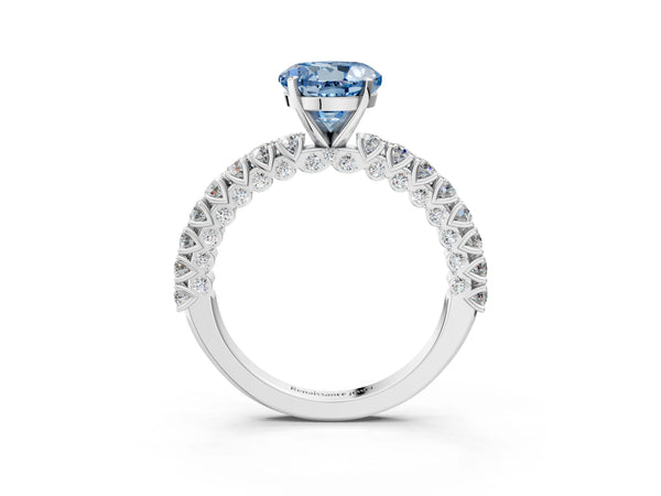 Platinum Fancy Blue Round Cut Diamond Pavé Band Solitaire Ring with Prong Setting