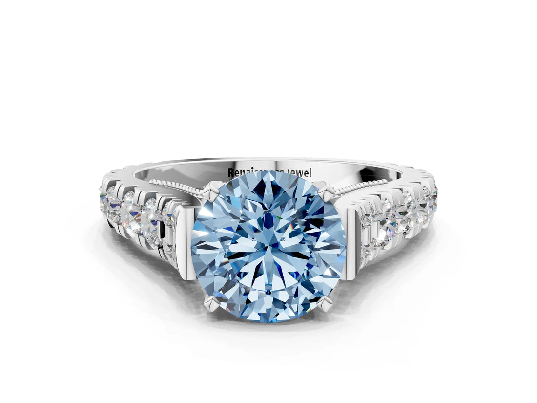 White gold Fancy Blue Round  Cut Diamond Pavé Band Solitaire with Four-Prong Setting_17