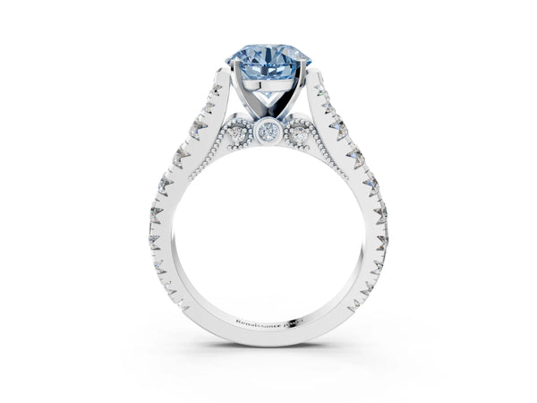 Platinum Fancy Blue Round Cut Diamond Classic Solitaire Ring with Pavé Band and Four-Prong Setting