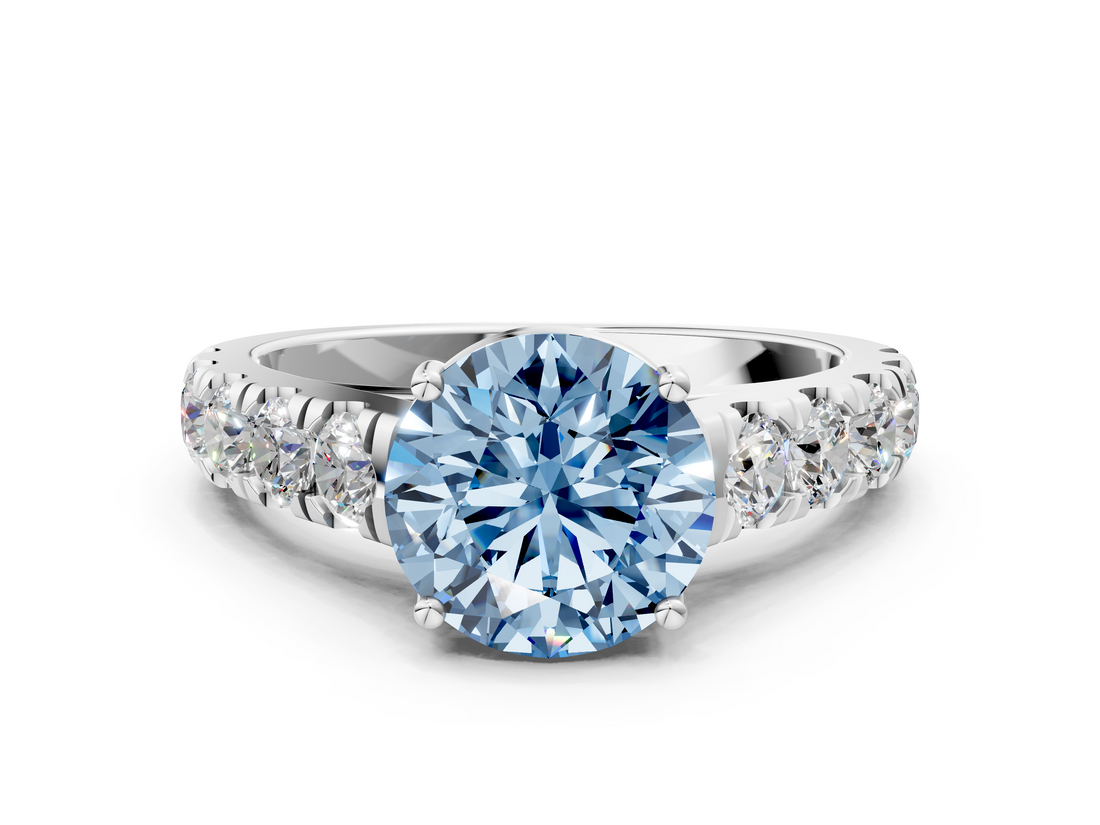 White gold Fancy Blue Round  Cut Diamond Pavé Band Solitaire with Four-Prong Setting_3