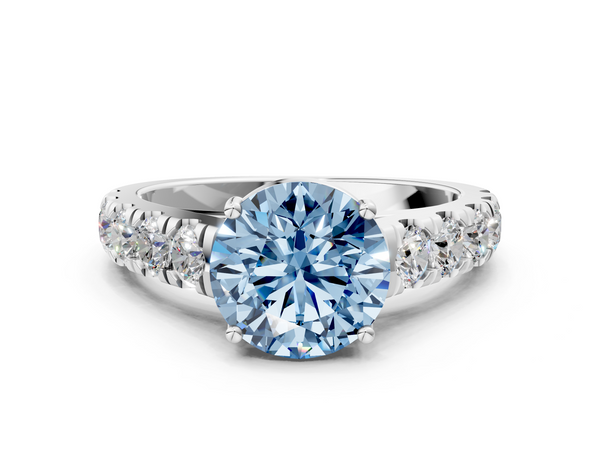 Platinum Fancy Blue Round  Cut Diamond Solitaire Ring with Micro Pave Band and Prong Setting