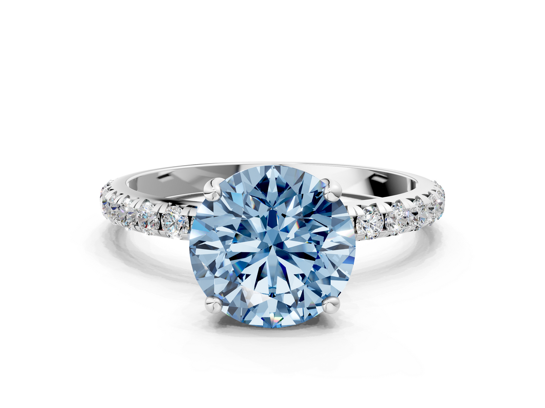 White gold Fancy Blue Round  Cut Diamond Pavé Band Solitaire with Four-Prong Setting_3
