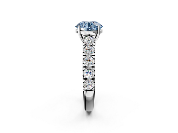 Platinum Fancy Blue Round  Cut Diamond Solitaire Ring with Micro Pave Band and Prong Setting