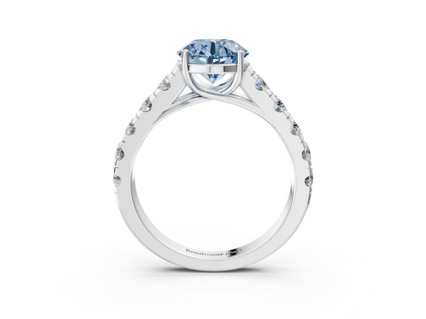 Platinum Fancy Blue Round  Cut Diamond Solitaire Ring with Micro Pave Band and Prong Setting