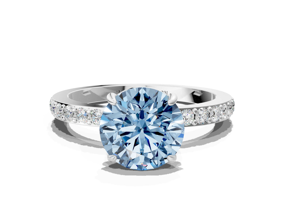 White gold Fancy Blue Round Cut Diamond Pavé Engagement Ring with Round  Accents and Prong Setting_73