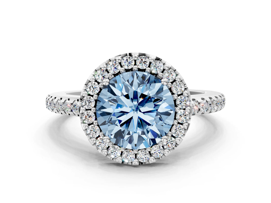 White gold Fancy Blue Round Cut Diamond Pavé Halo Ring with Four-Prong Setting_78
