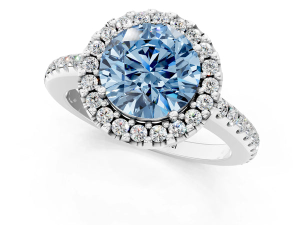 Platinum Fancy Blue Round Cut Diamond Pavé Halo Ring with Four-Prong Setting