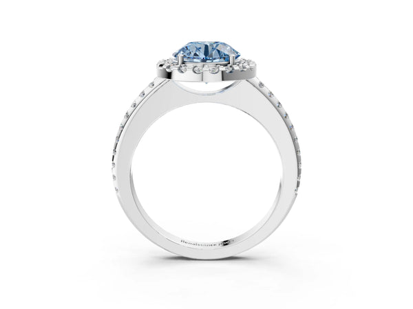 Platinum Fancy Blue Round Cut Diamond Pavé Halo Ring with Four-Prong Setting