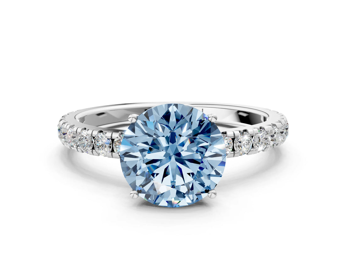 White gold Fancy Blue Round Cut Diamond Pavé Solitaire Engagement Ring with Four-Prong Setting_142