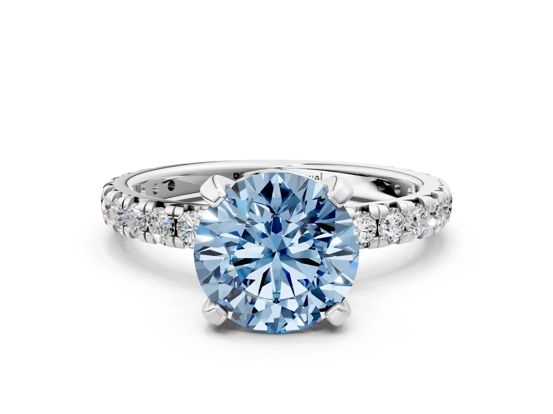 White gold Fancy Blue Round Cut Diamond Pavé Solitaire Ring with Round Band and Prong Setting_12