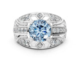 White gold Fancy Blue Round Cut Diamond Pave Art Deco Split Shank Ring with Four-Prong Setting