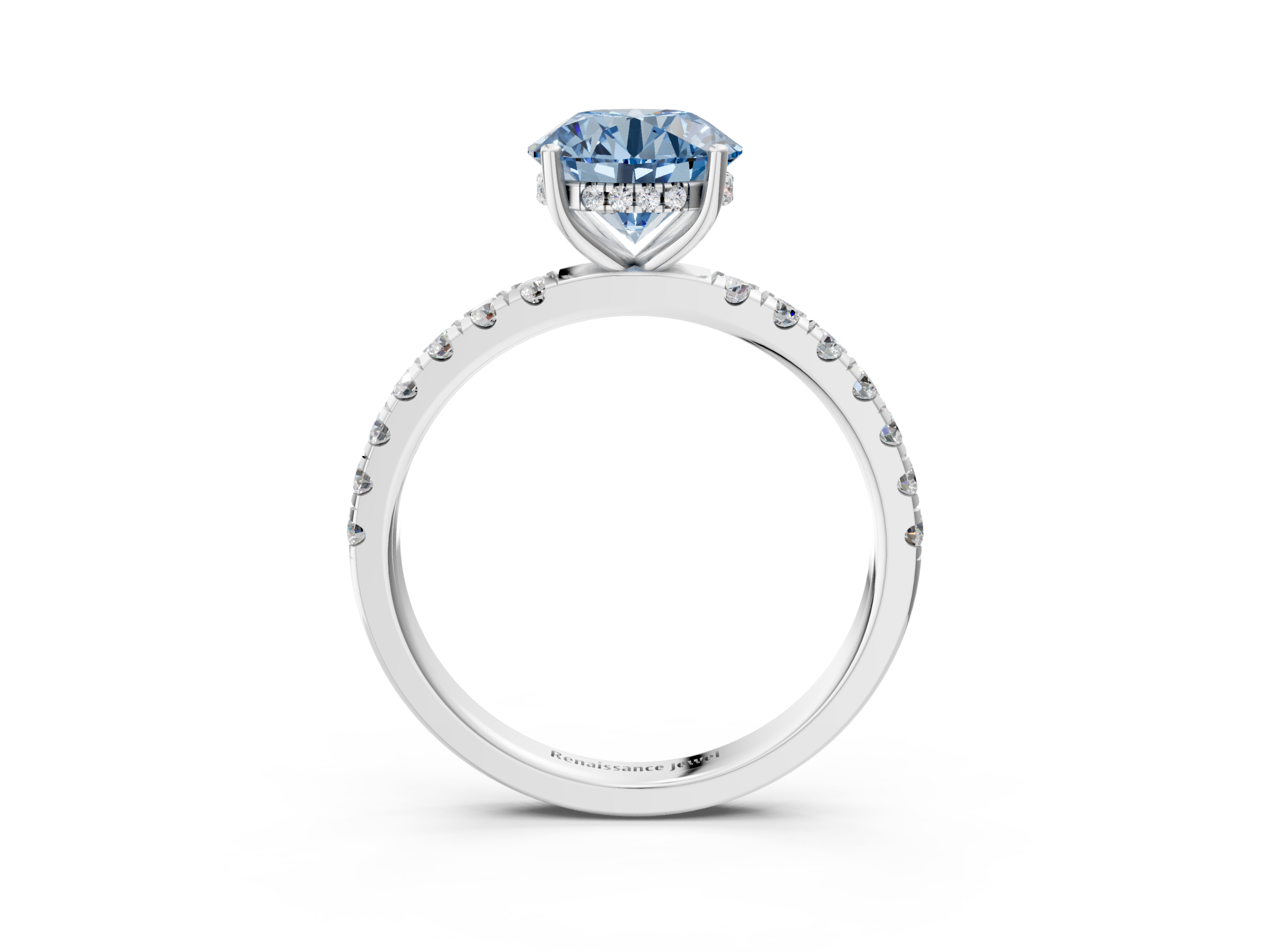 White gold Fancy Blue Round  Cut Diamond Pave Band Solitaire Ring with Four-Prong Setting_27